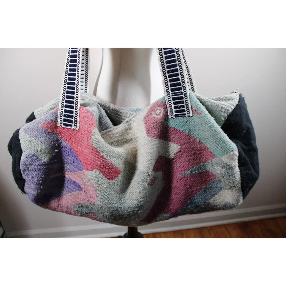 Vtg Mid Century Modern Wool Fabric Geometric Bird Duffle Bag